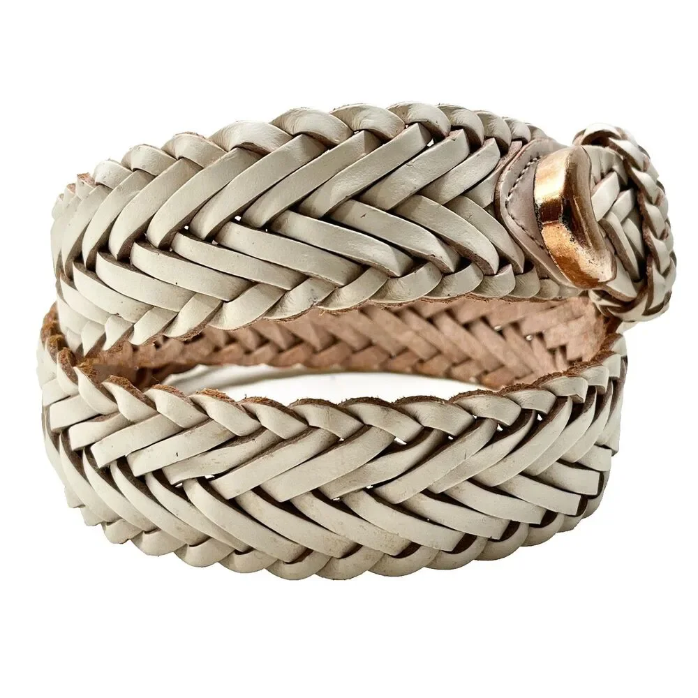 Vintage Brighton White Braided Leather Weave Belt Size S M Womens Brass Made USA